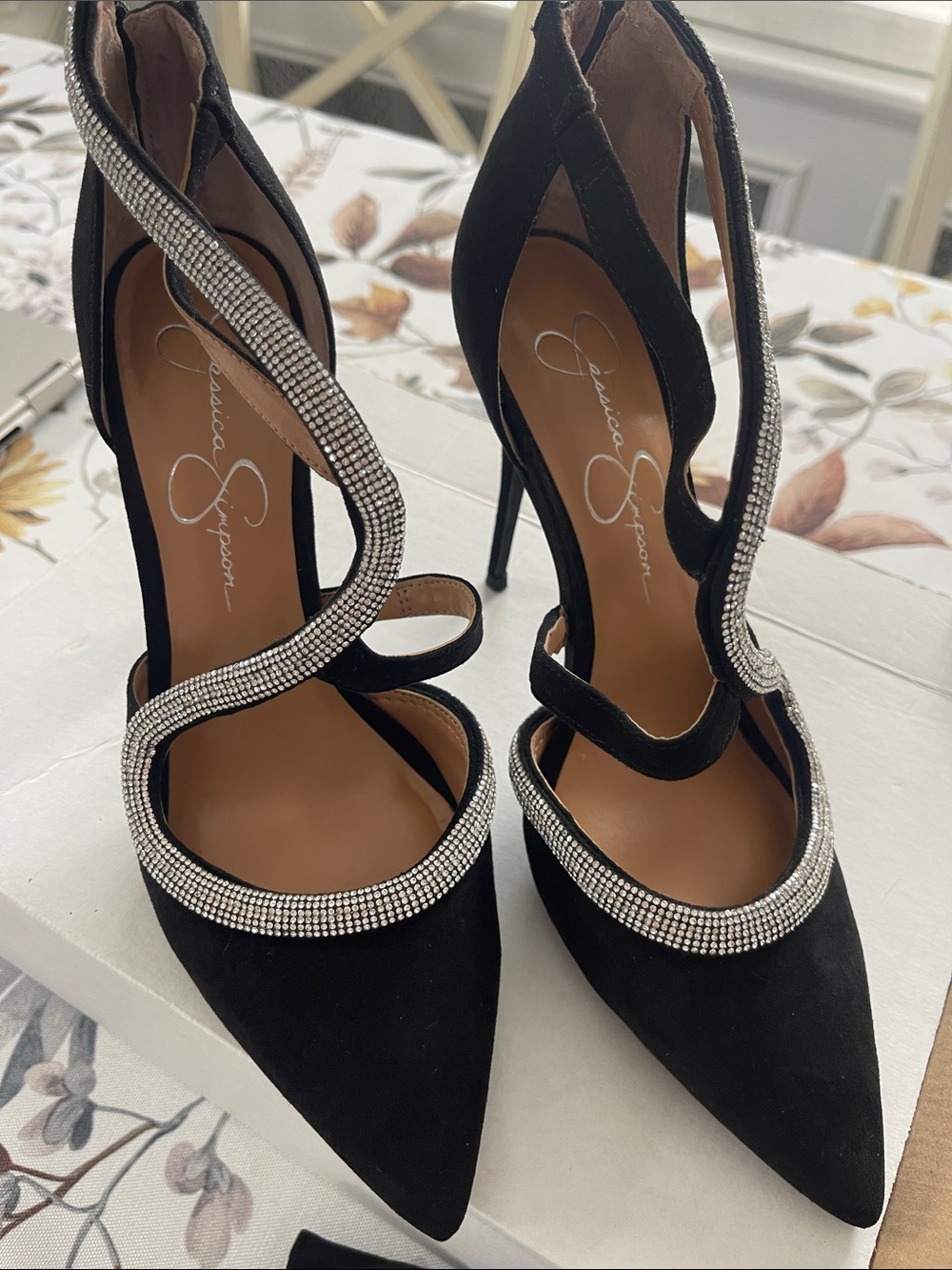 Jessica Simpson Black Suede Rhinestone Strappy Stiletto Heels